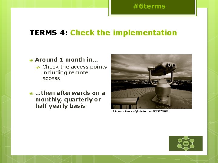 TERMS 4: Check the implementation Around 1 month in… Check the access points including