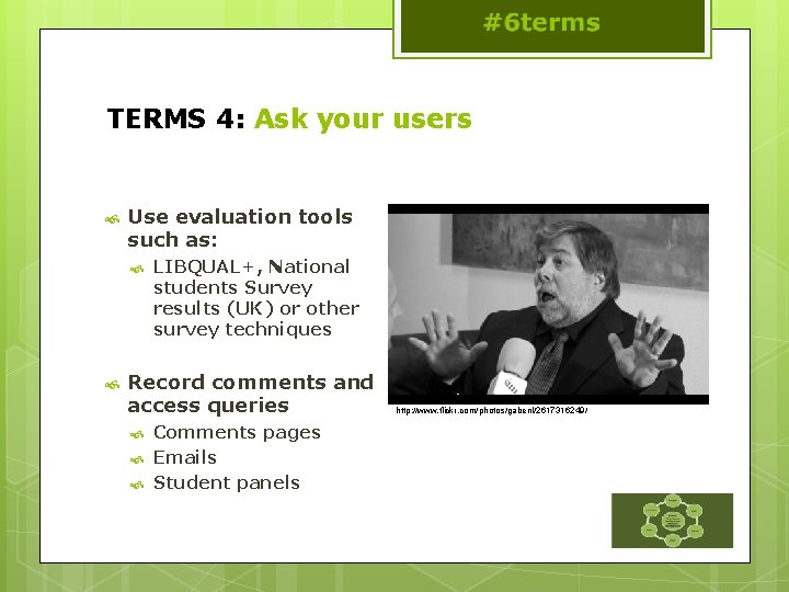 TERMS 4: Ask your users Use evaluation tools such as: LIBQUAL+, National students Survey