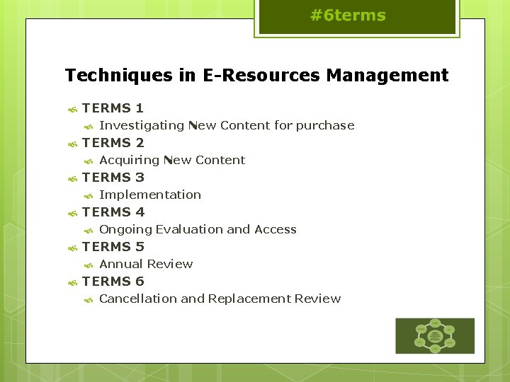 Techniques in E-Resources Management TERMS 1 TERMS 2 Ongoing Evaluation and Access TERMS 5