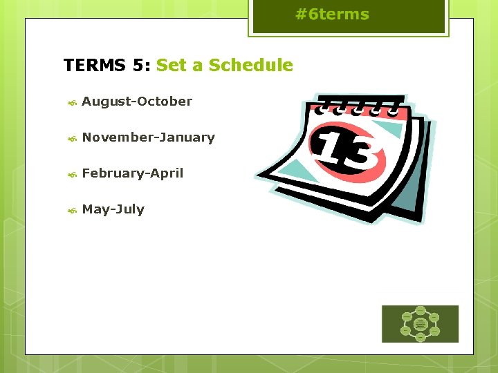 TERMS 5: Set a Schedule August-October November-January February-April May-July 