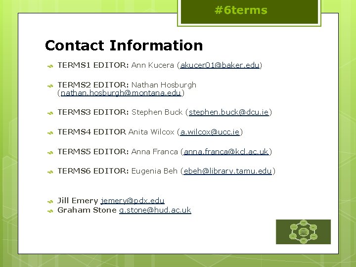 Contact Information TERMS 1 EDITOR: Ann Kucera (akucer 01@baker. edu) TERMS 2 EDITOR: Nathan