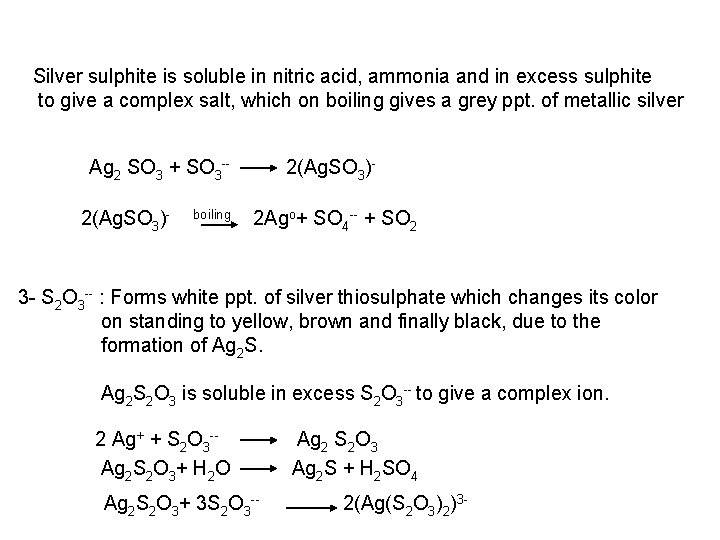 Silver sulphite is soluble in nitric acid, ammonia and in excess sulphite to give