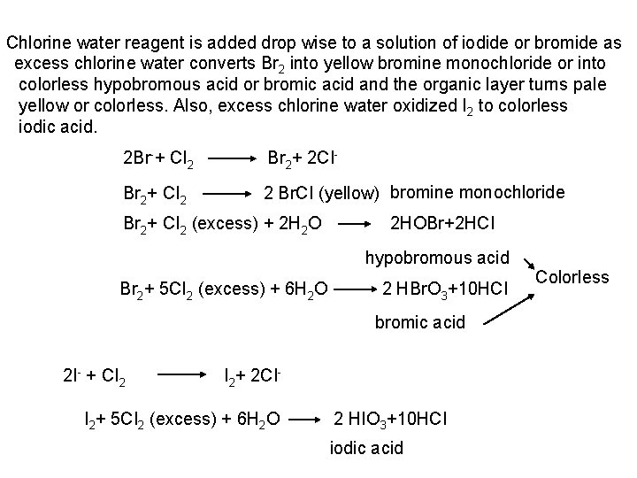 Chlorine water reagent is added drop wise to a solution of iodide or bromide
