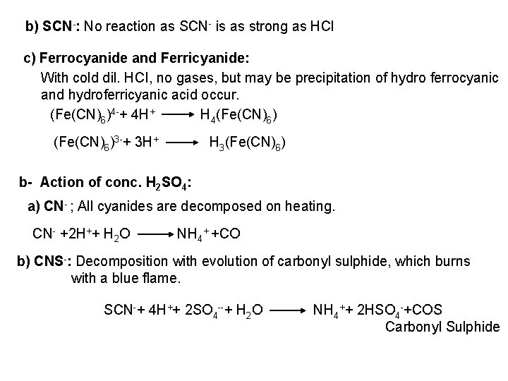 b) SCN-: No reaction as SCN is as strong as HCl c) Ferrocyanide and