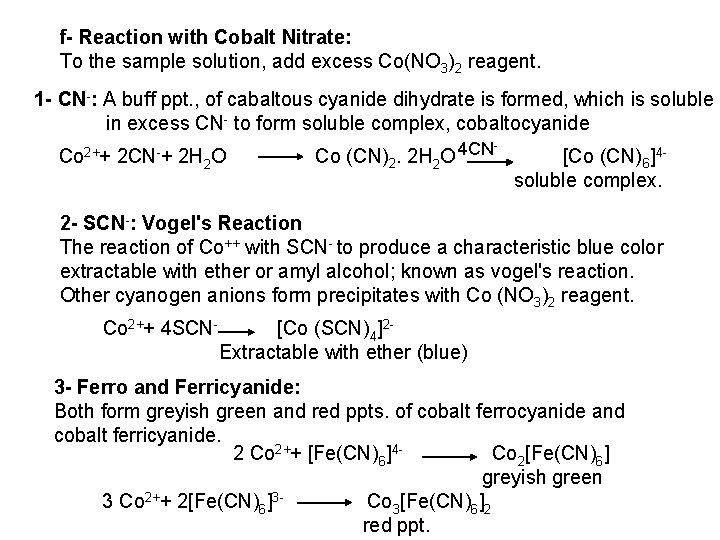 f- Reaction with Cobalt Nitrate: To the sample solution, add excess Co(NO 3)2 reagent.
