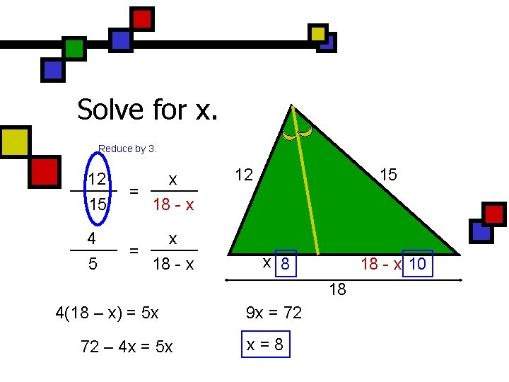 Solve for x. Reduce by 3. 12 15 x = 18 - x 4