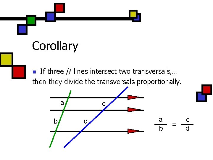 Corollary If three // lines intersect two transversals, … then they divide the transversals