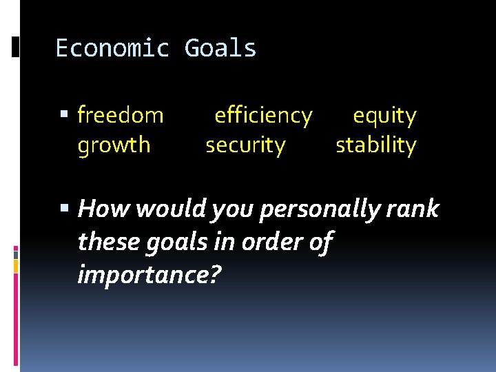 Economic Goals freedom growth efficiency equity security stability How would you personally rank these