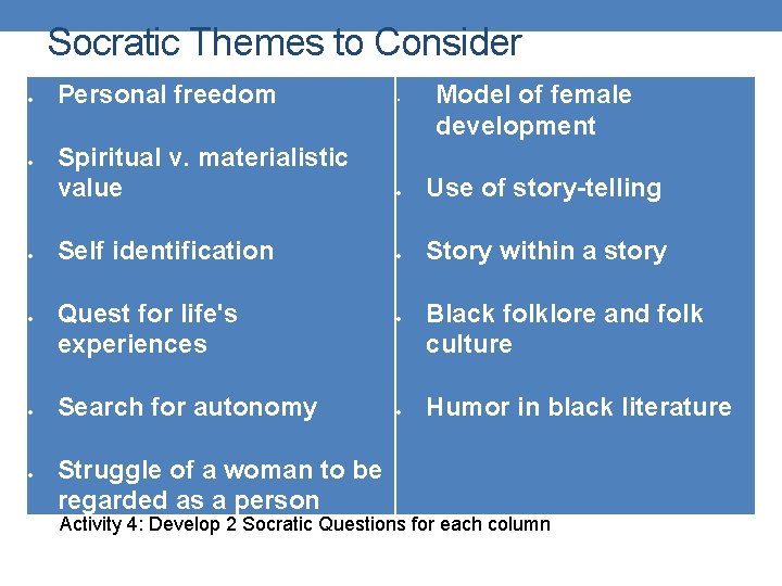 Socratic Themes to Consider Personal freedom • Spiritual v. materialistic value Use of story-telling