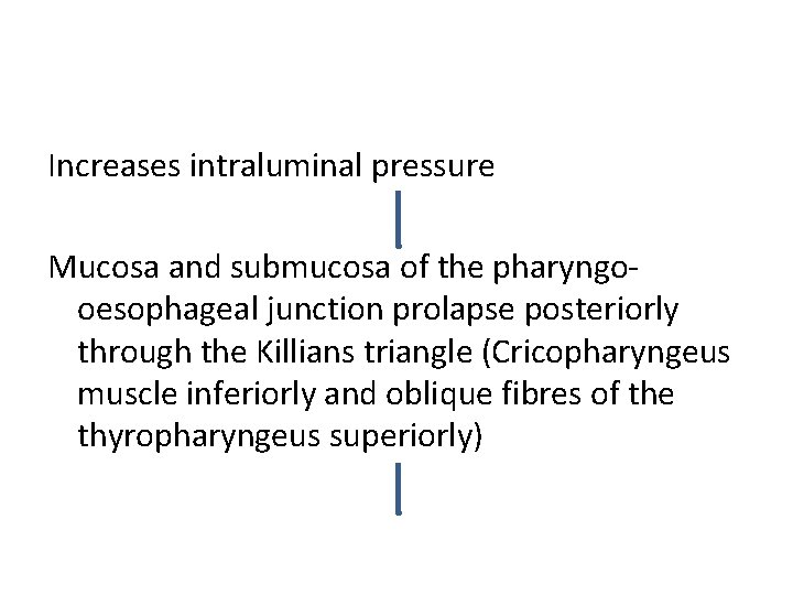 Increases intraluminal pressure Mucosa and submucosa of the pharyngooesophageal junction prolapse posteriorly through the