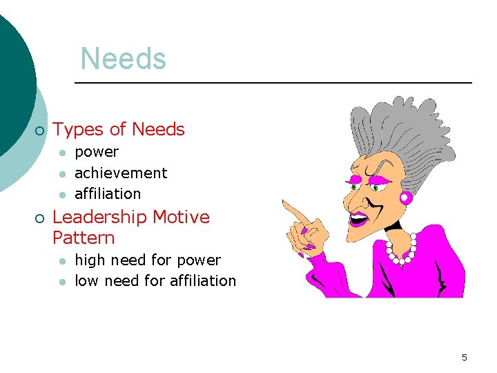 Needs ¡ Types of Needs l l l ¡ power achievement affiliation Leadership Motive