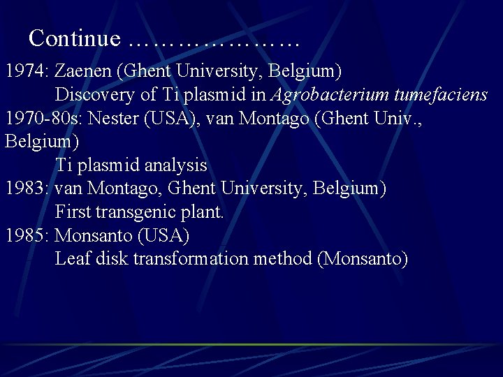 Continue ………………… 1974: Zaenen (Ghent University, Belgium) Discovery of Ti plasmid in Agrobacterium tumefaciens