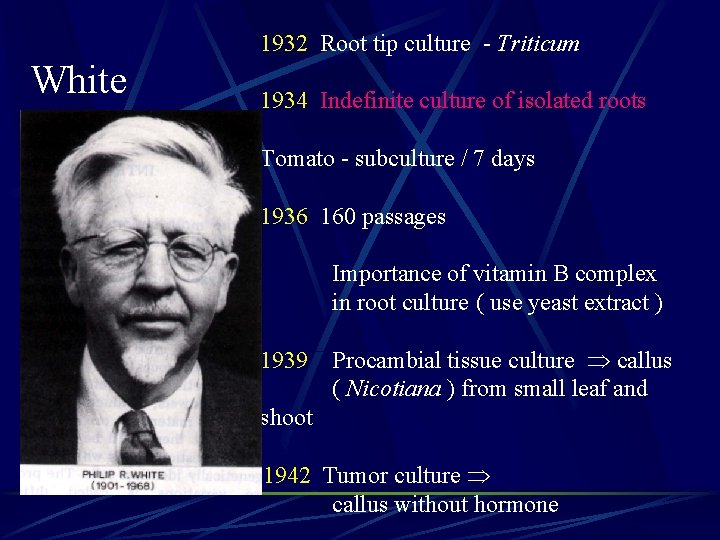 1932 Root tip culture - Triticum White 1934 Indefinite culture of isolated roots Tomato