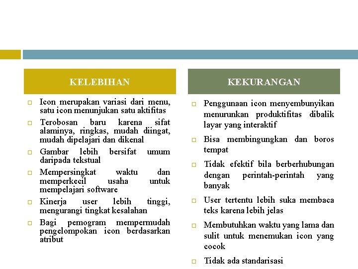 KELEBIHAN Icon merupakan variasi dari menu, satu icon menunjukan satu aktifitas Terobosan baru karena