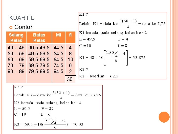 KUARTIL Contoh Selang Kelas 40 50 60 70 80 - 49 59 69 79