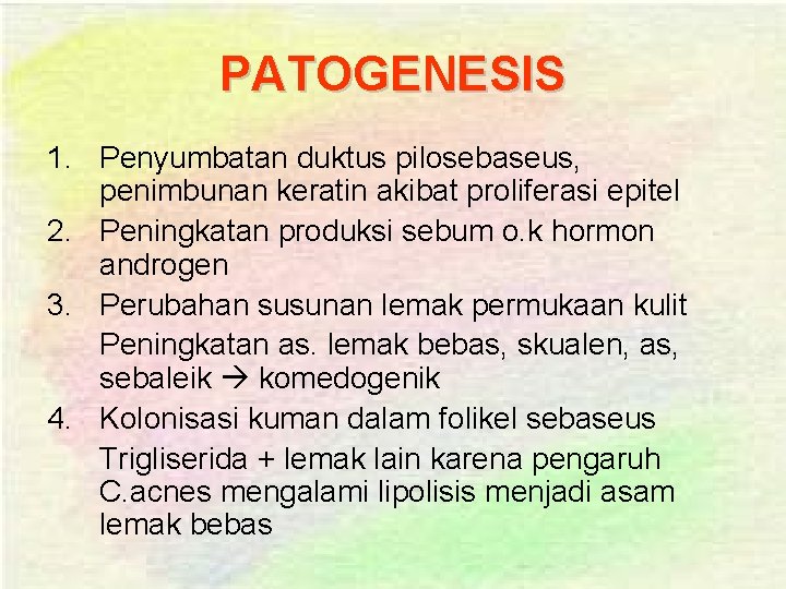 PATOGENESIS 1. Penyumbatan duktus pilosebaseus, penimbunan keratin akibat proliferasi epitel 2. Peningkatan produksi sebum