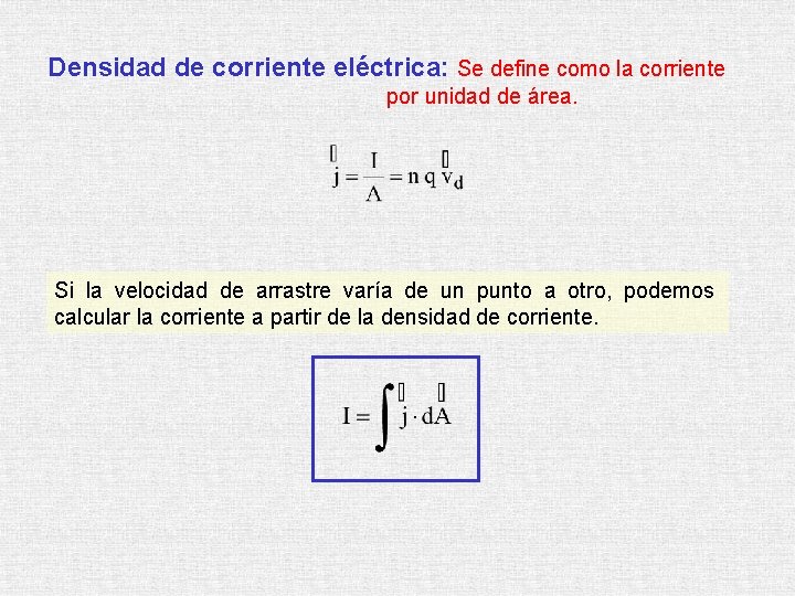 Densidad de corriente eléctrica: Se define como la corriente por unidad de área. Si