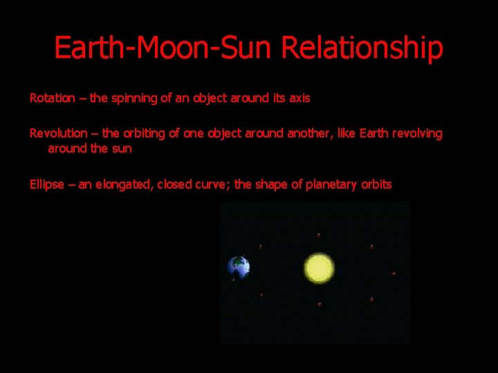 Earth-Moon-Sun Relationship Rotation – the spinning of an object around its axis Revolution – Earth-Moon-Sun Relationship Rotation – the spinning of an object around its axis Revolution –