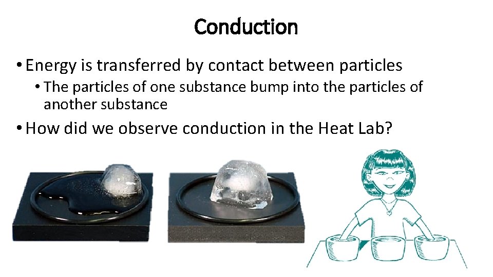 Conduction • Energy is transferred by contact between particles • The particles of one