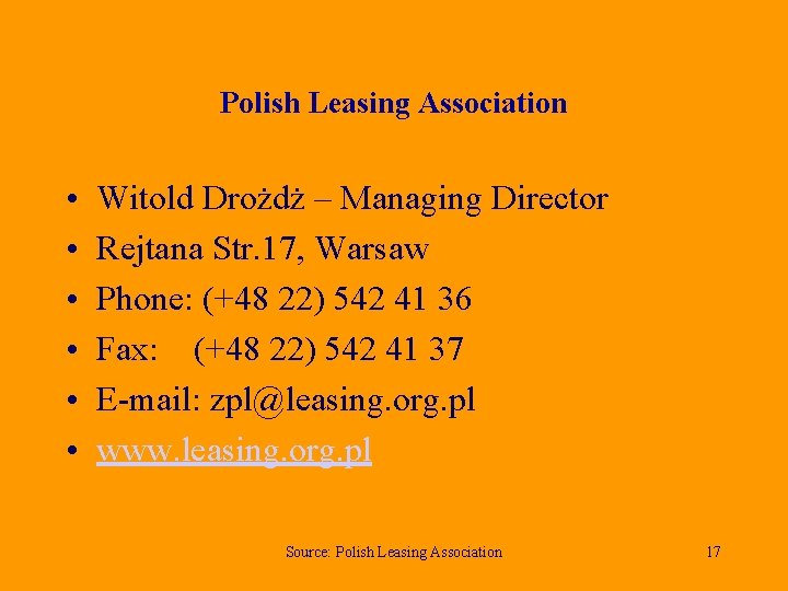Polish Leasing Association • • • Witold Drożdż – Managing Director Rejtana Str. 17,