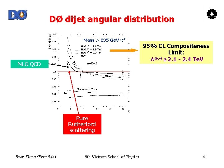 DØ dijet angular distribution Mass > 635 Ge. V/c 2 NLO QCD 95% CL