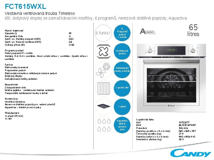 FCT 615 WXL Vestavná ventilovaná trouba Timeless 65 l, dotykový displej se zamačkávacími knoflíky,