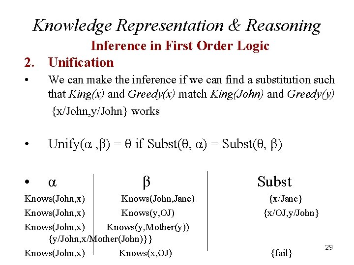 Knowledge Representation & Reasoning Inference in First Order Logic 2. Unification • We can