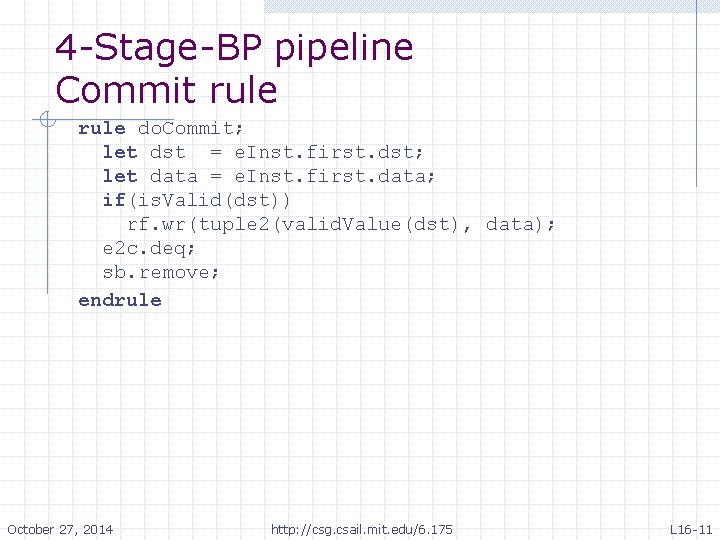 4 -Stage-BP pipeline Commit rule do. Commit; let dst = e. Inst. first. dst;