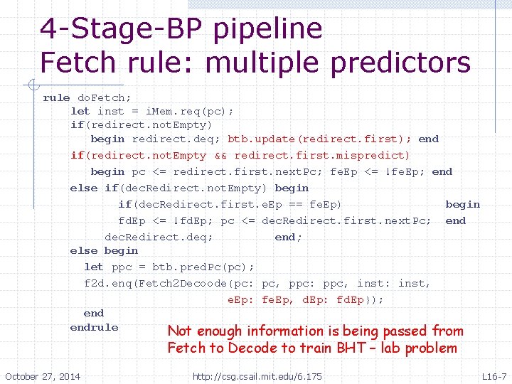 4 -Stage-BP pipeline Fetch rule: multiple predictors rule do. Fetch; let inst = i.