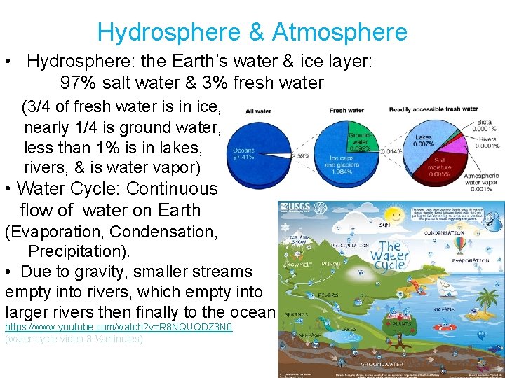 Hydrosphere & Atmosphere • Hydrosphere: the Earth’s water & ice layer: 97% salt water