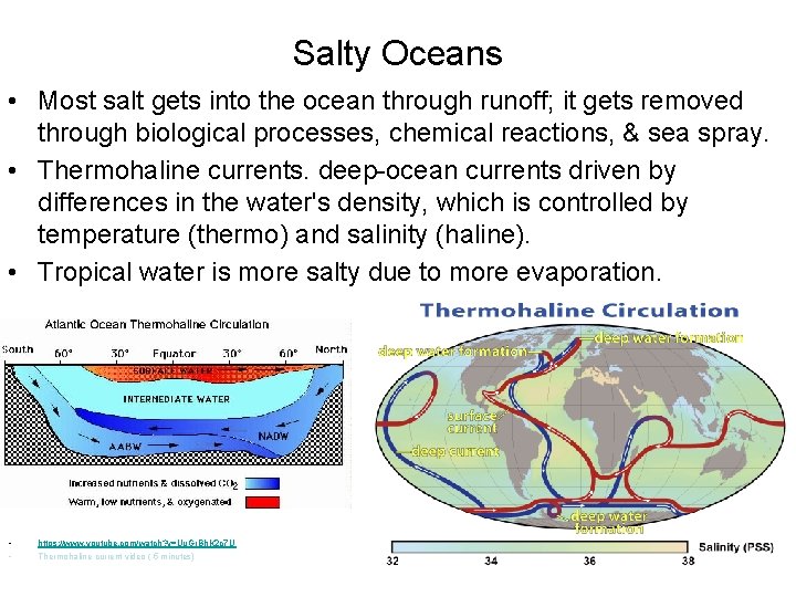Salty Oceans • Most salt gets into the ocean through runoff; it gets removed