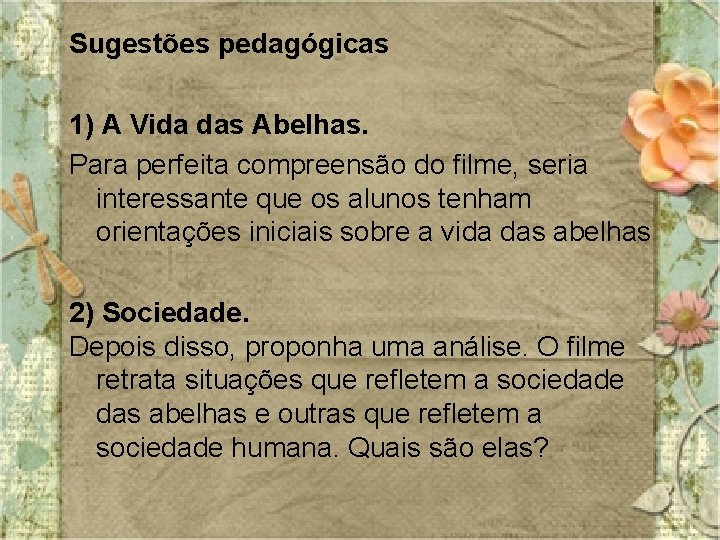 Sugestões pedagógicas 1) A Vida das Abelhas. Para perfeita compreensão do filme, seria interessante