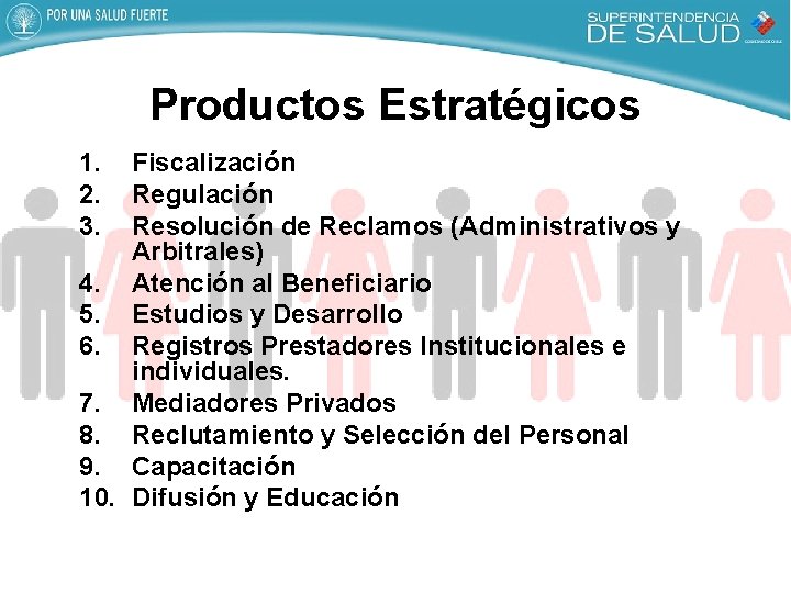 Productos Estratégicos 1. 2. 3. Fiscalización Regulación Resolución de Reclamos (Administrativos y Arbitrales) 4.