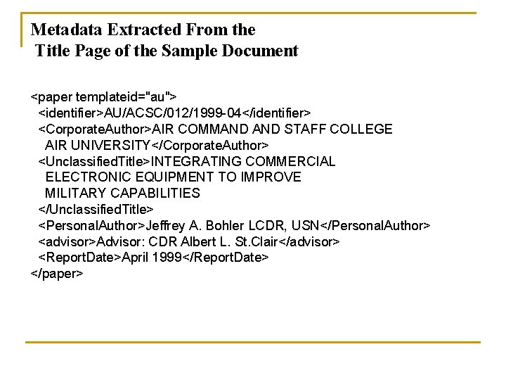 Metadata Extracted From the Title Page of the Sample Document <paper templateid="au"> <identifier>AU/ACSC/012/1999 -04</identifier>