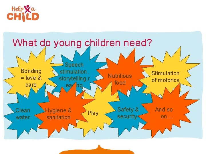What do young children need? Bonding = love & care Clean water Speech stimulation,
