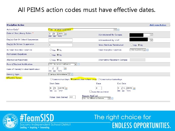 All PEIMS action codes must have effective dates. 