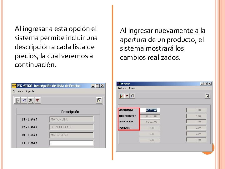 Al ingresar a esta opción el sistema permite incluir una descripción a cada lista Al ingresar a esta opción el sistema permite incluir una descripción a cada lista