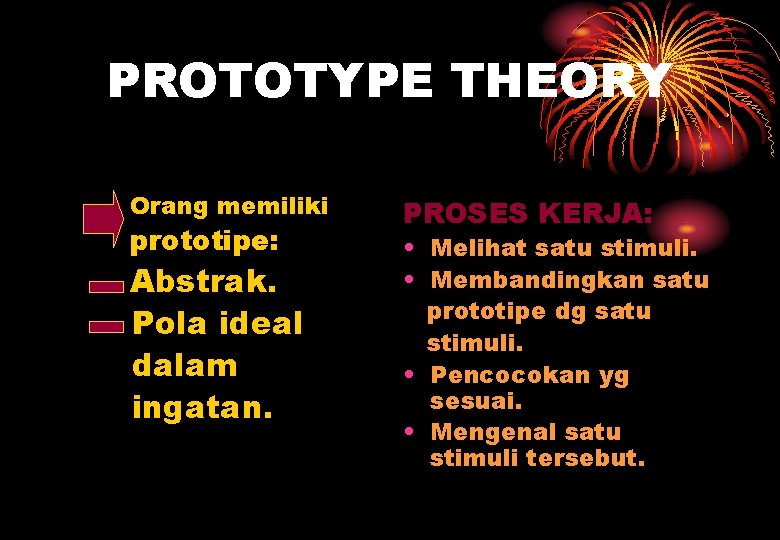 PROTOTYPE THEORY Orang memiliki prototipe: Abstrak. Pola ideal dalam ingatan. PROSES KERJA: • Melihat