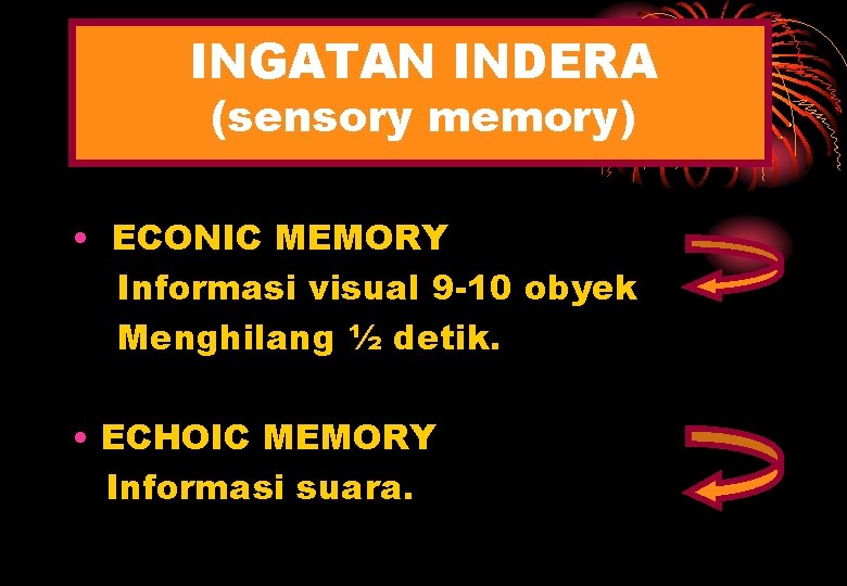 INGATAN INDERA (sensory memory) • ECONIC MEMORY Informasi visual 9 -10 obyek Menghilang ½