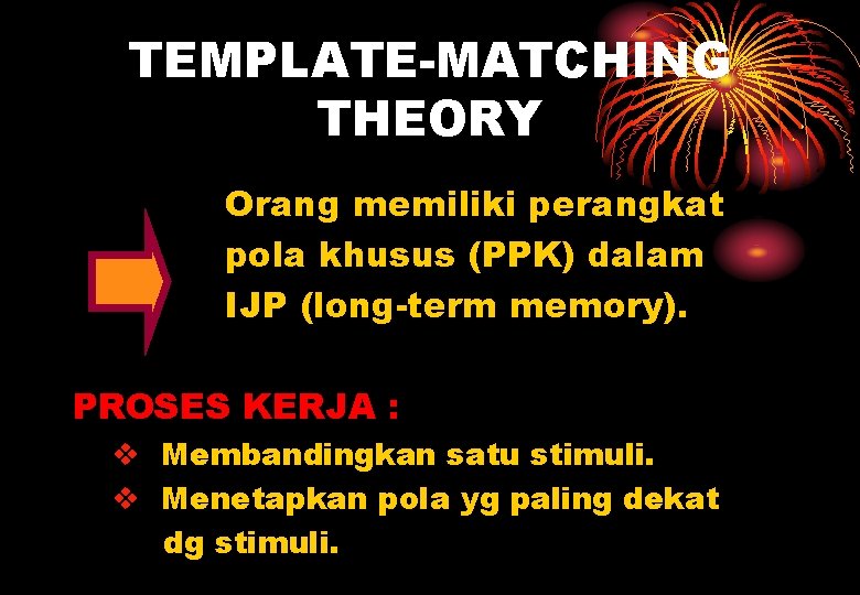 TEMPLATE-MATCHING THEORY Orang memiliki perangkat pola khusus (PPK) dalam IJP (long-term memory). PROSES KERJA