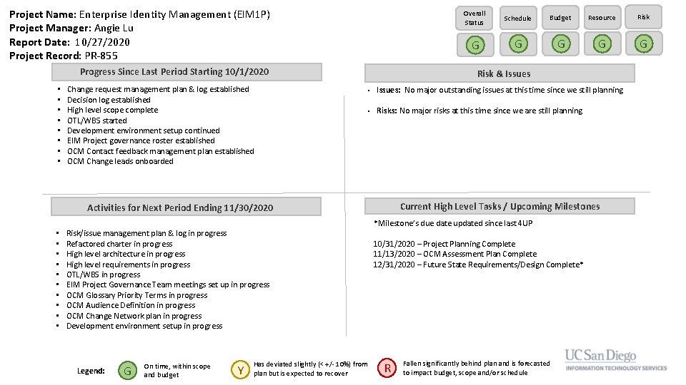 Project Name: Enterprise Identity Management (EIM 1 P) Project Manager: Angie Lu Report Date: