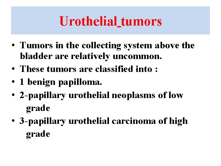 Urothelial tumors • Tumors in the collecting system above the bladder are relatively uncommon.