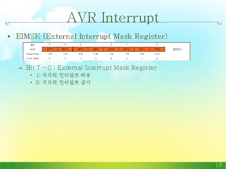 AVR Interrupt • EIMSK (External Interrupt Mask Register) – Bit 7 – 0 : AVR Interrupt • EIMSK (External Interrupt Mask Register) – Bit 7 – 0 :