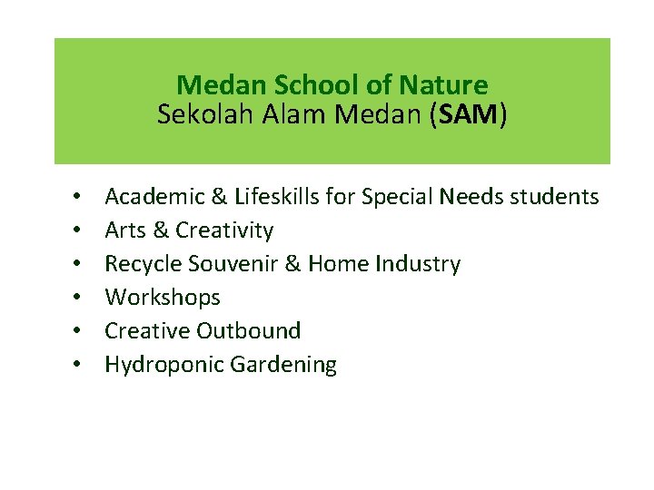 Medan School of Nature Sekolah Alam Medan (SAM) • • • Academic & Lifeskills