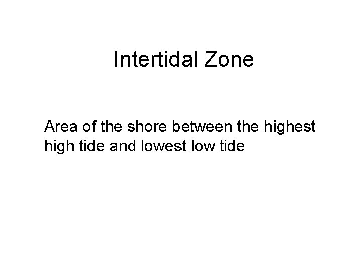 Intertidal Zone Area of the shore between the highest high tide and lowest low