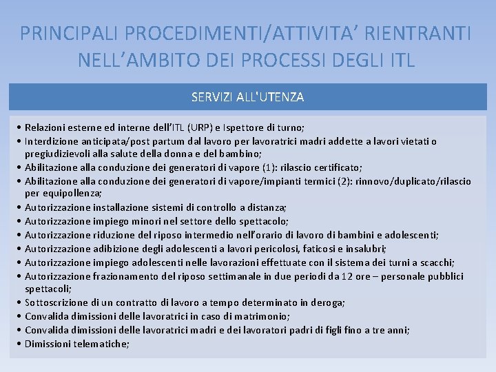 PRINCIPALI PROCEDIMENTI/ATTIVITA’ RIENTRANTI NELL’AMBITO DEI PROCESSI DEGLI ITL SERVIZI ALL'UTENZA • Relazioni esterne ed