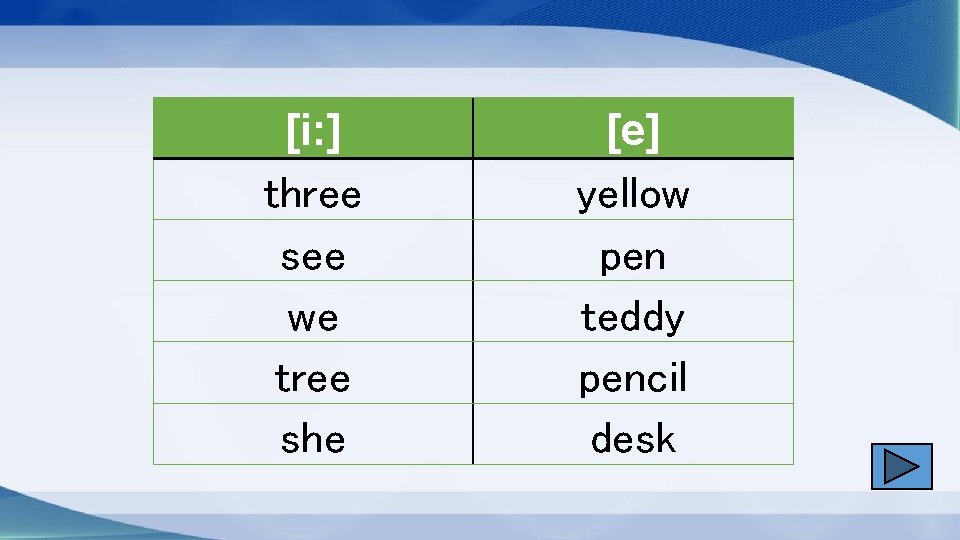 [i: ] three see we tree she [e] yellow pen teddy pencil desk 