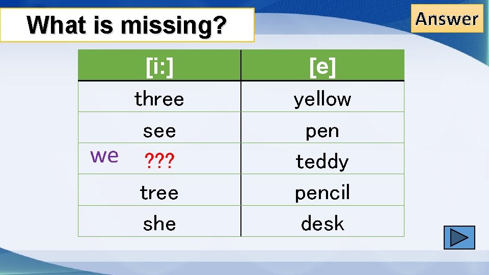 Answer What is missing? [i: ] three see we ? ? ? tree she