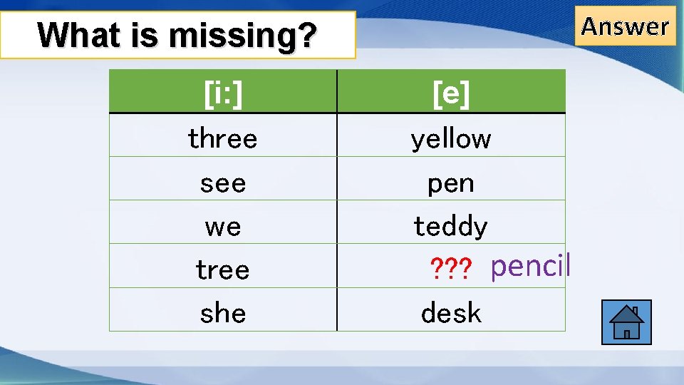 Answer What is missing? [i: ] three see we tree she [e] yellow pen