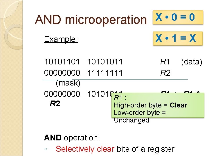 AND microoperation X • 0 = 0 Example: X • 1=X 10101101 10101011 R